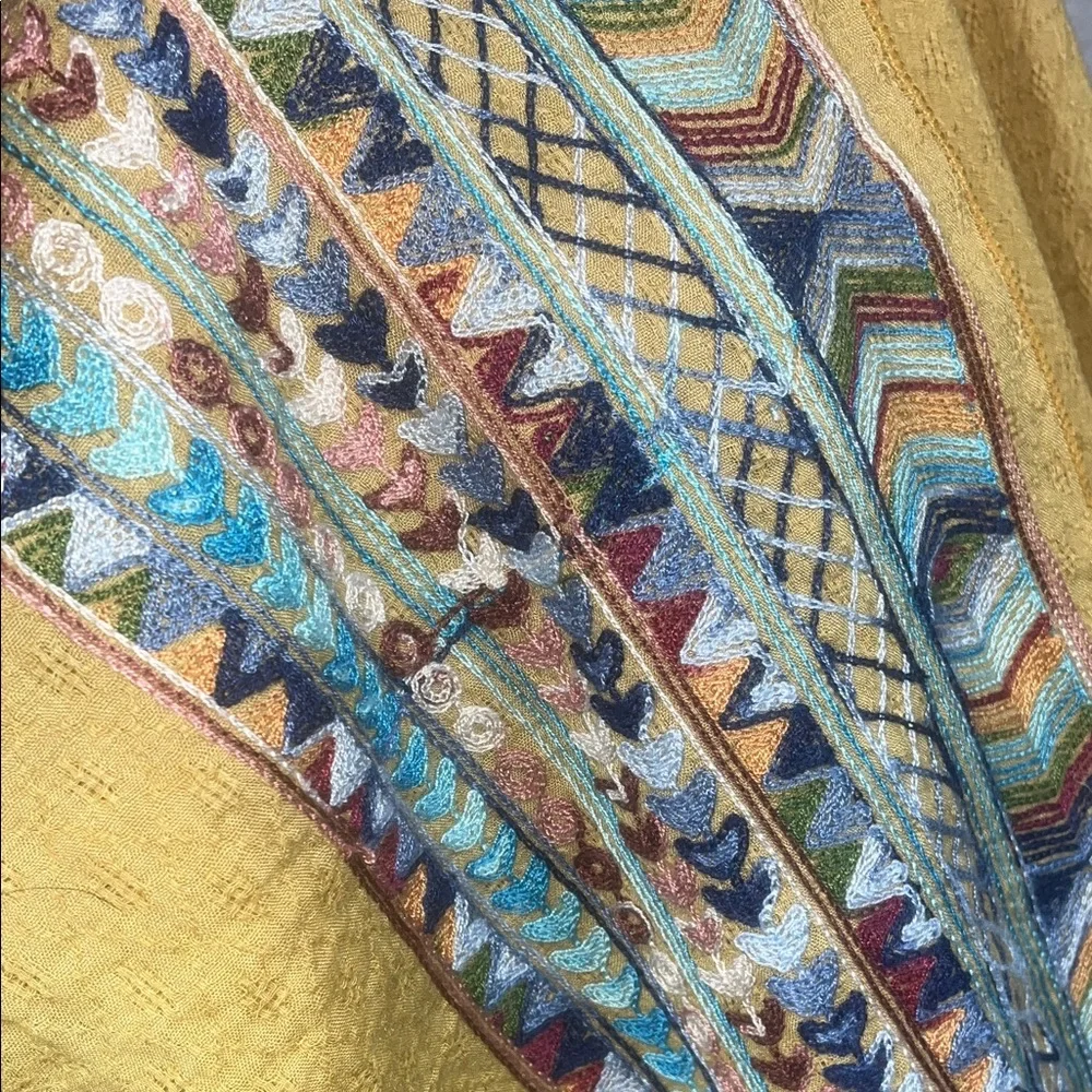 Yellow Poncho with Multicolor Embroidered Trim - Picture 2 of 3